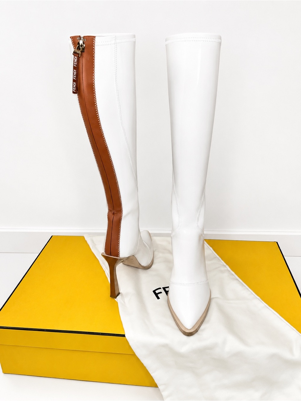 Fendi White Leather Over-The-Knee Boots with Brown Back Zip